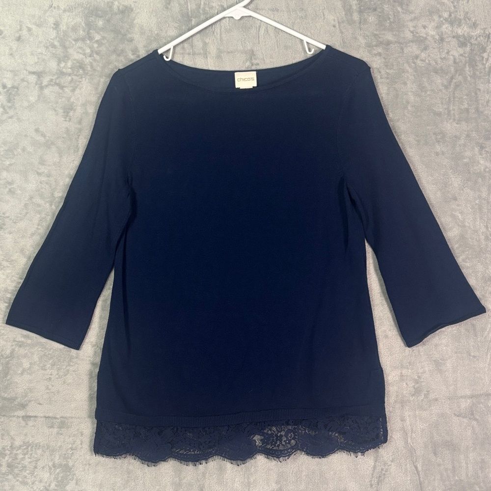 Chico’s Navy 3/4 Sleeve Crew Neck Lace Detailing Top Blouse Size 0